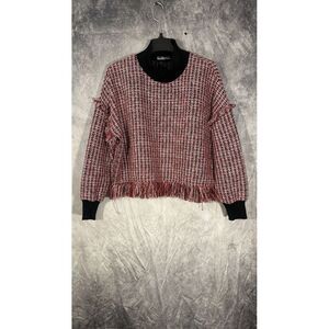 ZARA WOMAN Tweed‎ Fringe Oversized Mock Neck Sweater TOP RED BLACK WHITE SIZE M